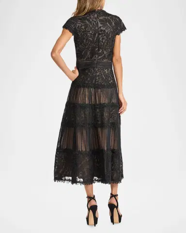 Tadashi Shoji Pleated Mesh & Textured Lace Midi Dress | Thumbnail 3