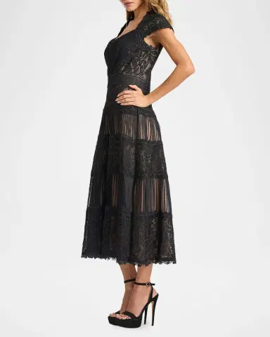 Tadashi Shoji Pleated Mesh & Textured Lace Midi Dress | Thumbnail 4