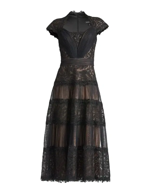 Tadashi Shoji Pleated Mesh & Textured Lace Midi Dress