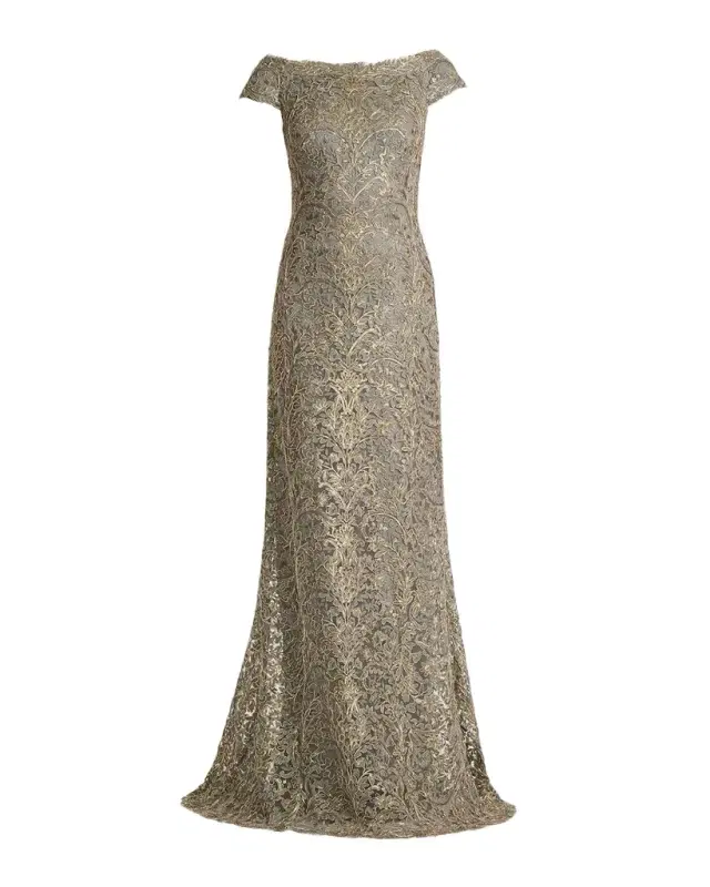 Tadashi Shoji Cap-Sleeve Sequin Lace Column Gown