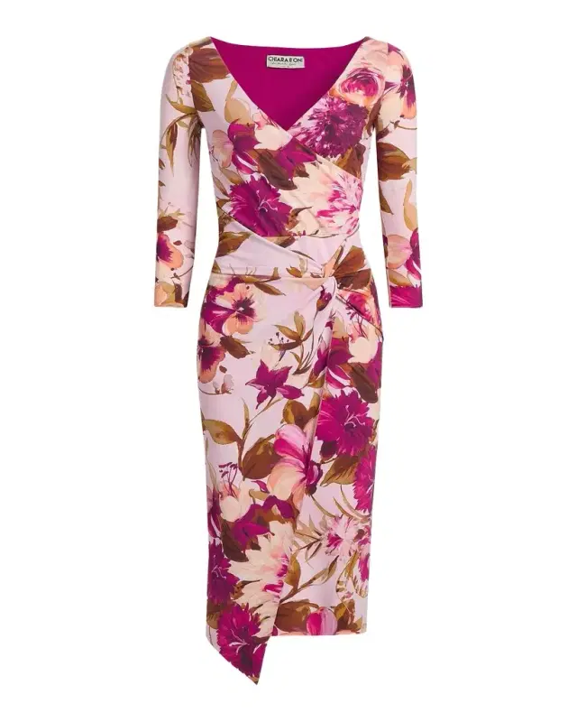 Axas Gathered Abstract-Print Midi Dress