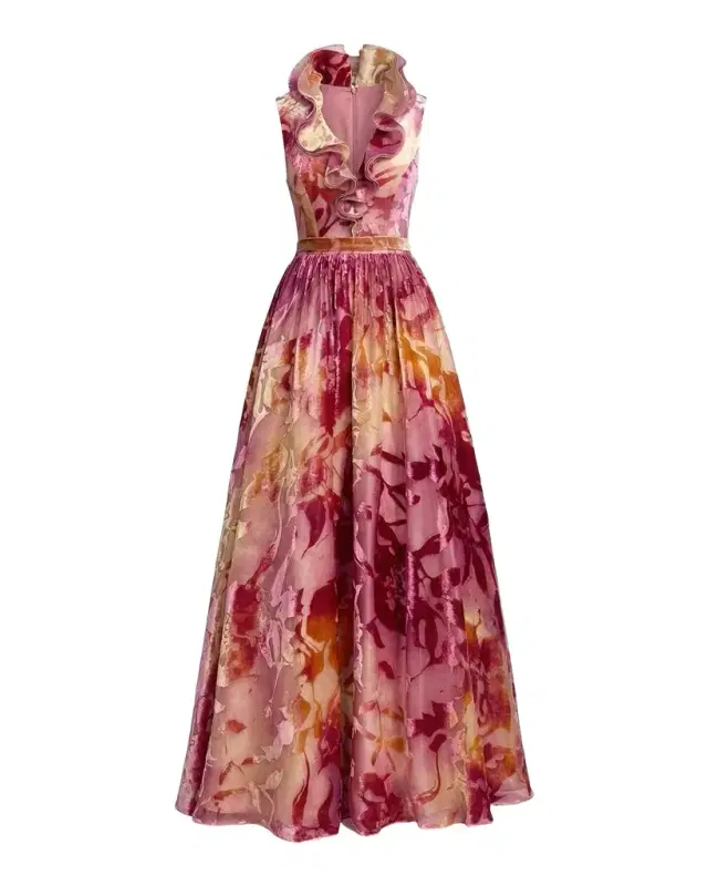 Mac Duggal Floral Burnout Organza Velvet Gown