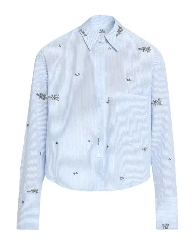 CISSA Embellished Striped Cropped Button-Front Shirt