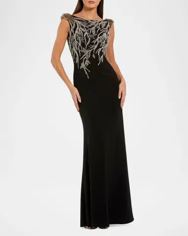 Mac Duggal Beaded Bateau-Neck Jersey Column Gown | Thumbnail 2 Mac Duggal Beaded Bateau-Neck Jersey Column Gown | Thumbnail 2