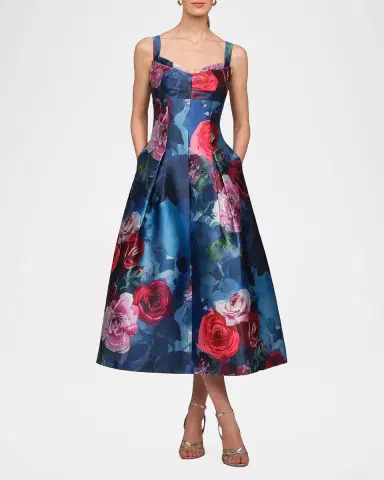 Kay Unger New York Adria Floral Satin Tea-Length Dress | Thumbnail 2