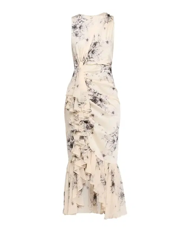 Cinq a Sept Cyrus Hand-Sketched Floral Ruffled Midi Dress