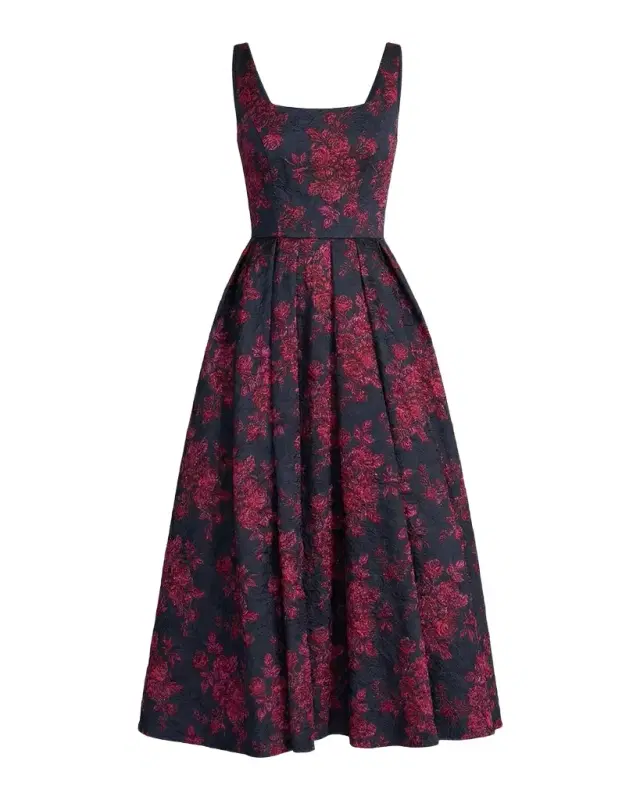 Mac Duggal Pleated Square-Neck Floral Brocade Midi Dress
