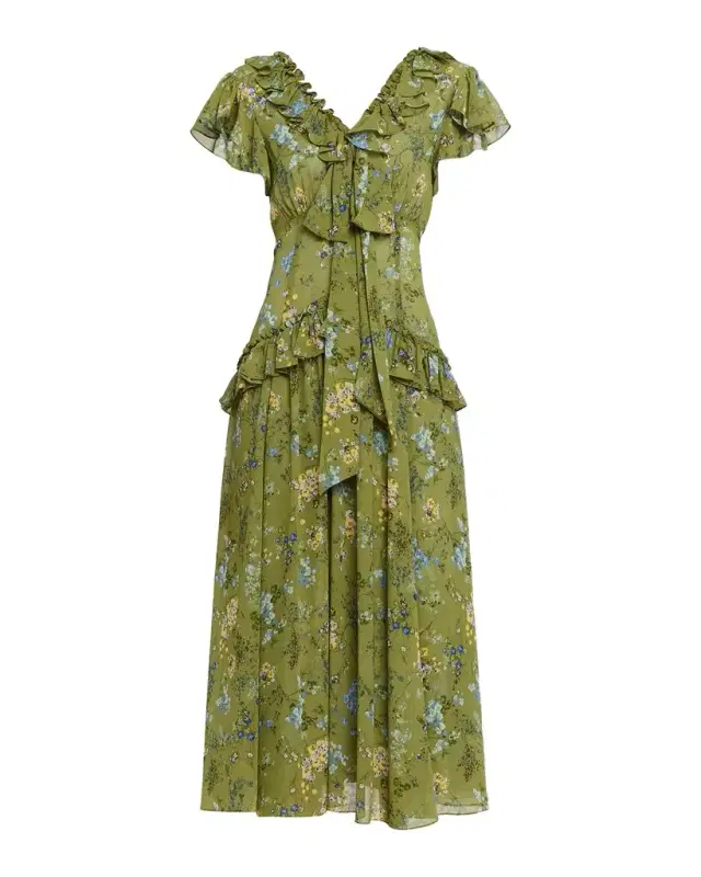 Cinq a Sept Windswept Floral Siv Ruffle Midi Dress