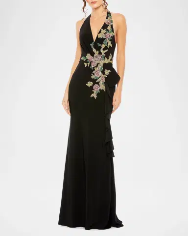 Mac Duggal Floral Beaded Plunging Halter Gown | Thumbnail 2 Mac Duggal Floral Beaded Plunging Halter Gown | Thumbnail 2