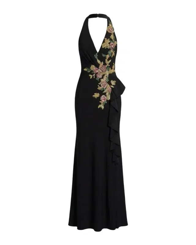 Mac Duggal Floral Beaded Plunging Halter Gown