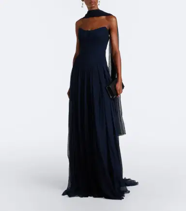 Monique Lhuillier Scarf-detail draped silk bustier gown | Thumbnail 2
