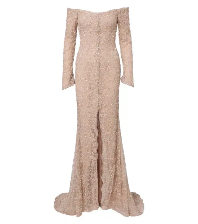 Embellished off-shoulder lace gown
