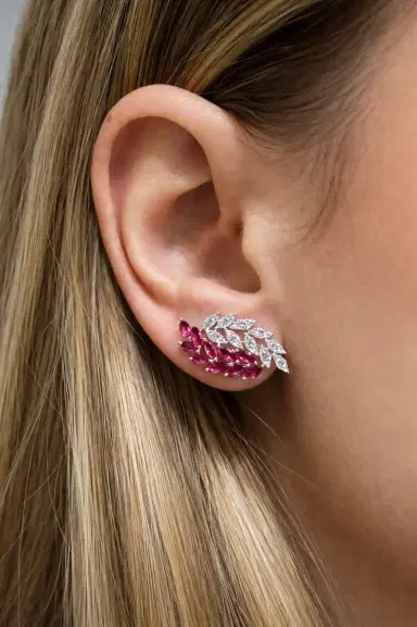 Wish Fine Jewelry 2.14cts Ruby Diamond 18K Gold Leaf Climber Earrings | Thumbnail 2