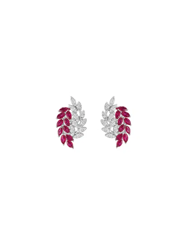 Wish Fine Jewelry 2.14cts Ruby Diamond 18K Gold Leaf Climber Earrings