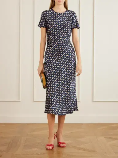 Staud Marcel Printed Ruched Silk-blend Satin Midi Dress | Thumbnail 2 Staud Marcel Printed Ruched Silk-blend Satin Midi Dress | Thumbnail 2