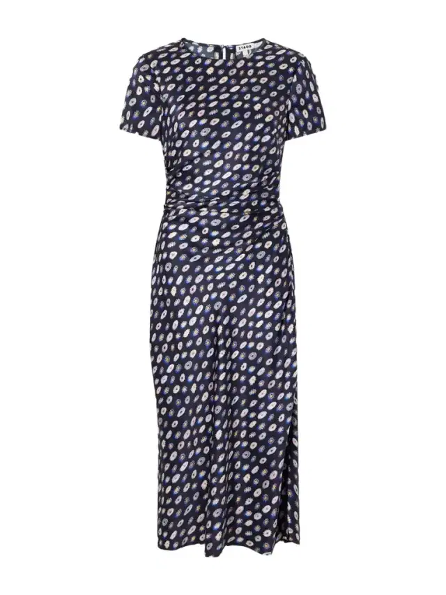 Staud Marcel Printed Ruched Silk-blend Satin Midi Dress