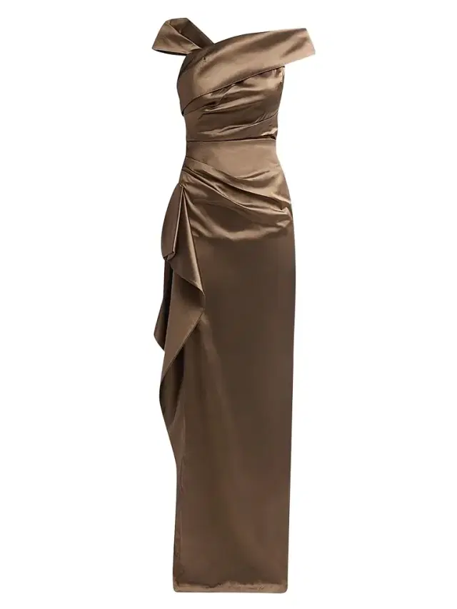Teri Jon by Rickie Freeman Women's Draped Woven Taffeta Column Gown - Bronze