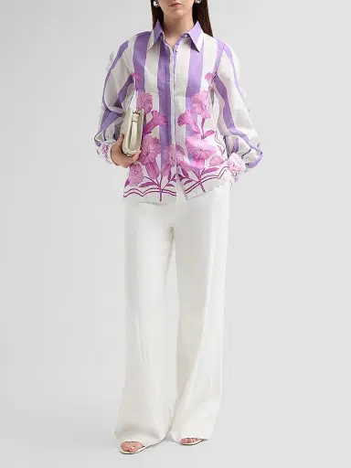 VERANDAH Women's Nigiri Wild Flower Linen-Cotton Tunic Blouse - Ivory Lilac Stripe - Size XL | Thumbnail 2