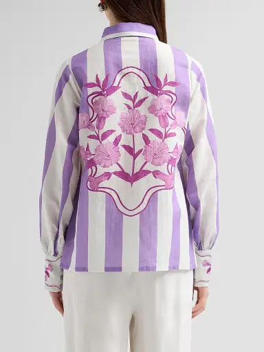 VERANDAH Women's Nigiri Wild Flower Linen-Cotton Tunic Blouse - Ivory Lilac Stripe - Size XL | Thumbnail 3