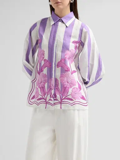 VERANDAH Women's Nigiri Wild Flower Linen-Cotton Tunic Blouse - Ivory Lilac Stripe - Size XL | Thumbnail 4