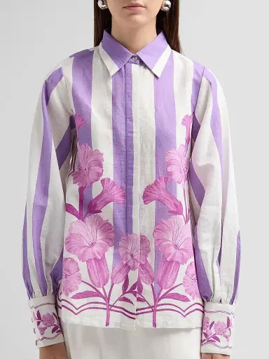 VERANDAH Women's Nigiri Wild Flower Linen-Cotton Tunic Blouse - Ivory Lilac Stripe - Size XL | Thumbnail 5