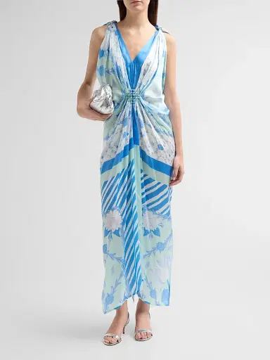 VERANDAH Women's Bejewelled Hand-Knotted Drape Maxi Dress - Blue And Mint Lotus - Size XL | Thumbnail 2