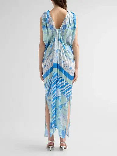 VERANDAH Women's Bejewelled Hand-Knotted Drape Maxi Dress - Blue And Mint Lotus - Size XL | Thumbnail 3
