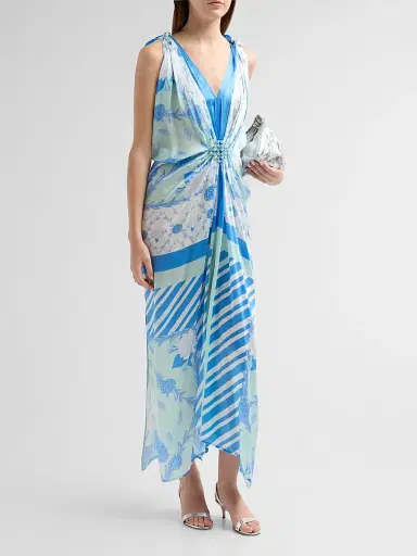 VERANDAH Women's Bejewelled Hand-Knotted Drape Maxi Dress - Blue And Mint Lotus - Size XL | Thumbnail 4