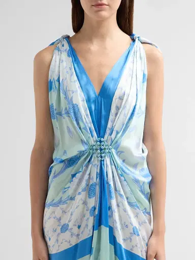 VERANDAH Women's Bejewelled Hand-Knotted Drape Maxi Dress - Blue And Mint Lotus - Size XL | Thumbnail 5