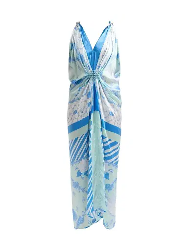 VERANDAH Women's Bejewelled Hand-Knotted Drape Maxi Dress - Blue And Mint Lotus - Size XL | Thumbnail 1