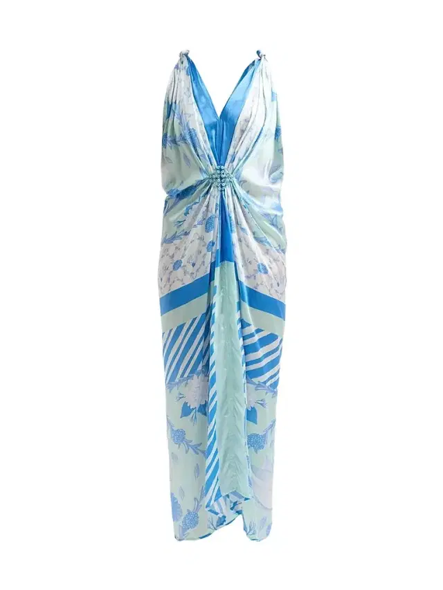Verandah Women's Bejewelled Hand-Knotted Drape Maxi Dress - Blue And Mint Lotus