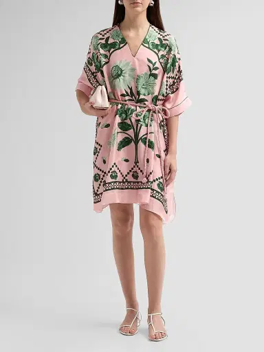 Verandah Women's Bejewelled Scarf Silk Dress - Blush And Emerald | Thumbnail 2