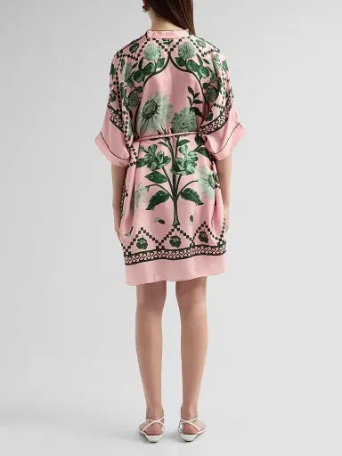 Verandah Women's Bejewelled Scarf Silk Dress - Blush And Emerald | Thumbnail 3