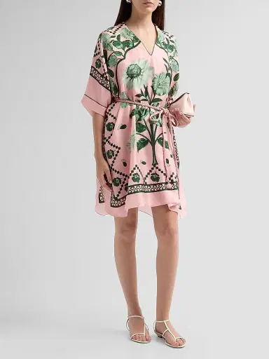 Verandah Women's Bejewelled Scarf Silk Dress - Blush And Emerald | Thumbnail 4