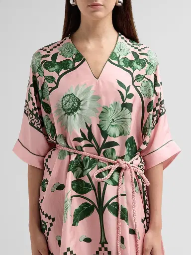 Verandah Women's Bejewelled Scarf Silk Dress - Blush And Emerald | Thumbnail 5