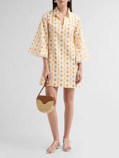 VERANDAH Women's Lotus Print Linen-Cotton Mini Kaftan Dress - Ivory Jewel - Size XL | Thumbnail 2