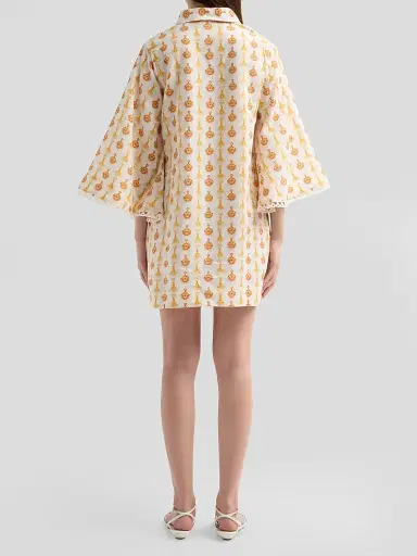 VERANDAH Women's Lotus Print Linen-Cotton Mini Kaftan Dress - Ivory Jewel - Size XL | Thumbnail 3
