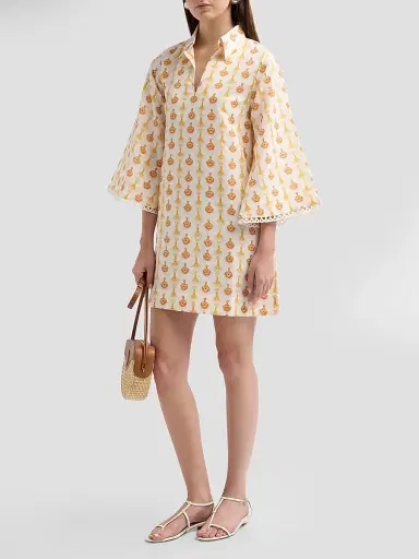 VERANDAH Women's Lotus Print Linen-Cotton Mini Kaftan Dress - Ivory Jewel - Size XL | Thumbnail 4