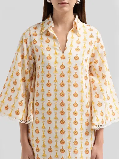 VERANDAH Women's Lotus Print Linen-Cotton Mini Kaftan Dress - Ivory Jewel - Size XL | Thumbnail 5