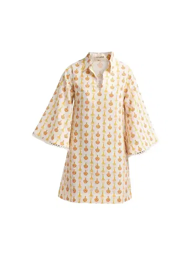 VERANDAH Women's Lotus Print Linen-Cotton Mini Kaftan Dress - Ivory Jewel - Size XL | Thumbnail 1