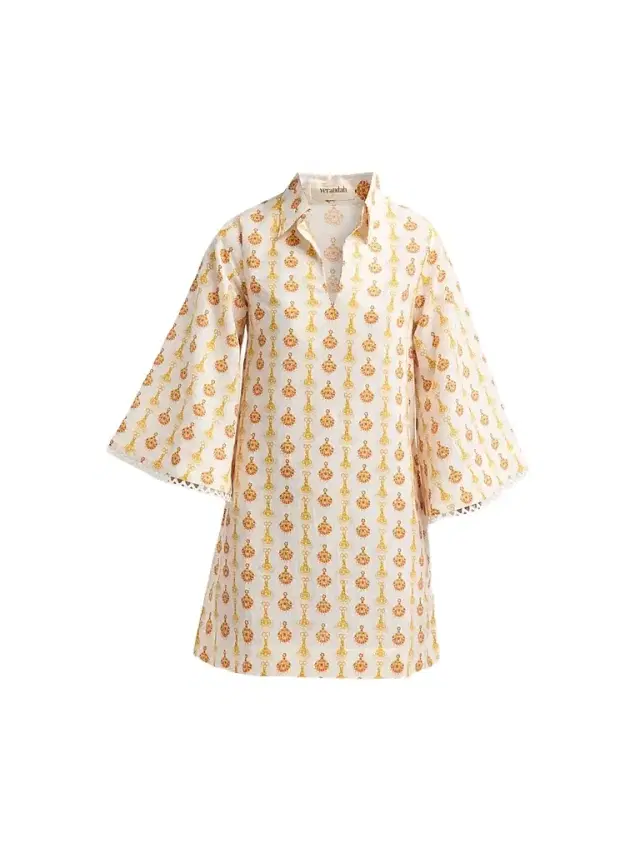 Verandah Women's Lotus Print Linen-Cotton Mini Kaftan Dress - Jewel