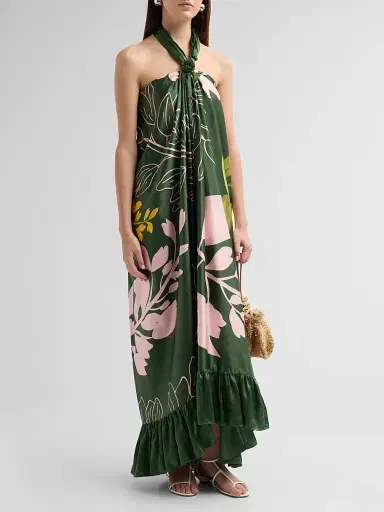 VERANDAH Women's Bejewelled Halterneck Maxi Dress - Emerald Multi Wisteria | Thumbnail 4