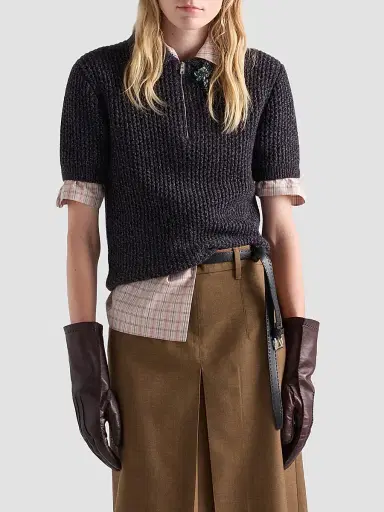 Prada Women's Short-Sleeved Wool and Mouliné Cashmere Polo Sweater | Thumbnail 2 Prada Women's Short-Sleeved Wool and Mouliné Cashmere Polo Sweater | Thumbnail 2