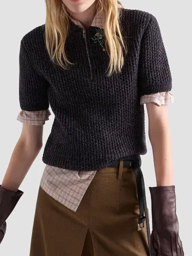 Prada Women's Short-Sleeved Wool and Mouliné Cashmere Polo Sweater | Thumbnail 3 Prada Women's Short-Sleeved Wool and Mouliné Cashmere Polo Sweater | Thumbnail 3