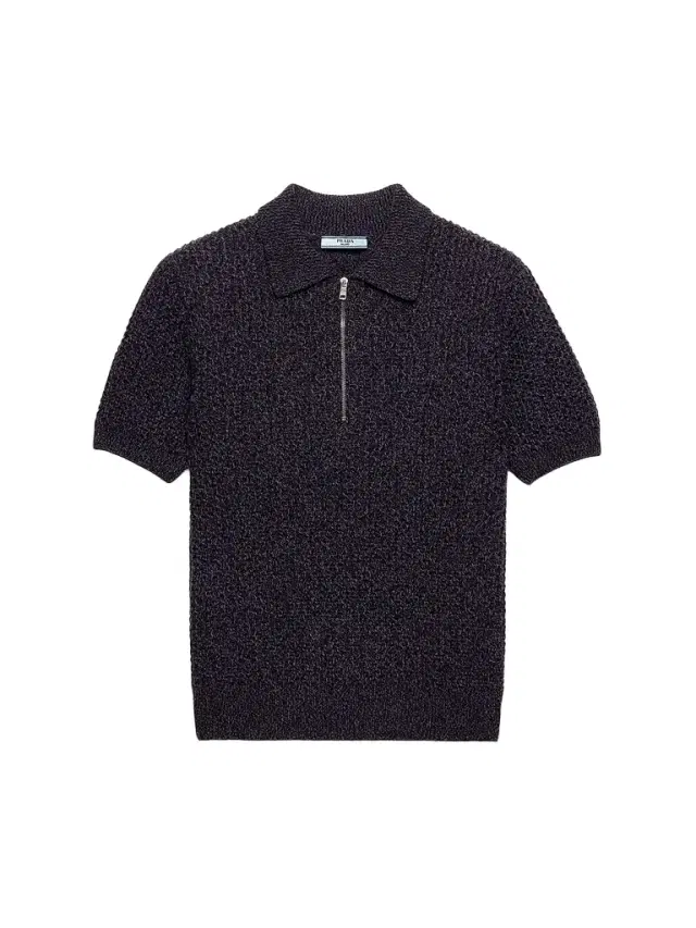 Prada Women's Short-Sleeved Wool and Mouliné Cashmere Polo Sweater - Brown