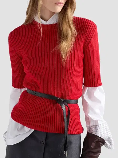 Prada Women's Short-Sleeved Ribbed Knit Wool Sweater | Thumbnail 3