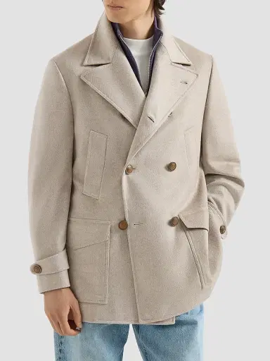 Brunello Cucinelli Men's Cashmere Chevron Flannel Four-Pocket Peacoat - Sand | Thumbnail 2