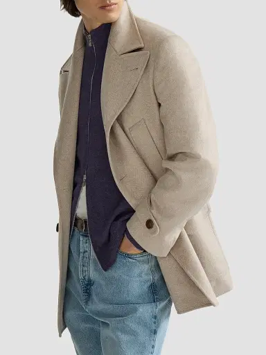 Brunello Cucinelli Men's Cashmere Chevron Flannel Four-Pocket Peacoat - Sand | Thumbnail 3
