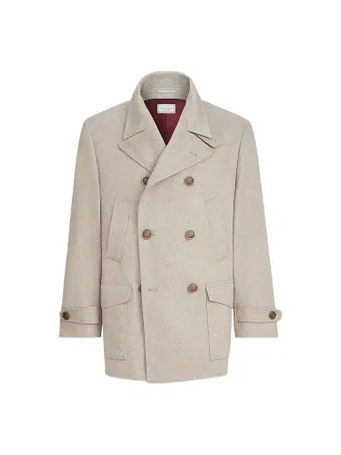 Brunello Cucinelli Men's Cashmere Chevron Flannel Four-Pocket Peacoat - Sand | Thumbnail 1