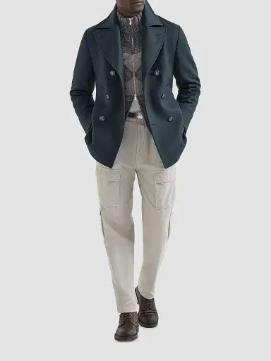 Brunello Cucinelli Men's Virgin Wool, Silk and Cashmere Chiné Cable Knit Cardigan - Cerulean | Thumbnail 2